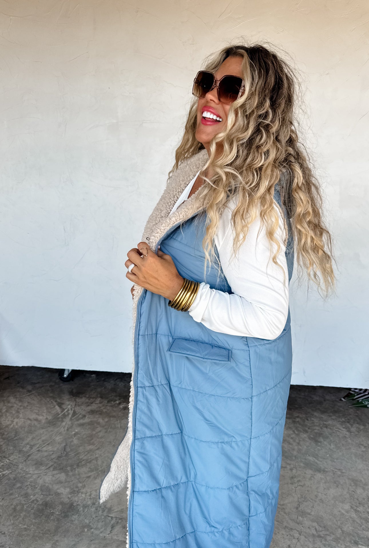 Sherpa Puffer Long Hooded Vest Coat