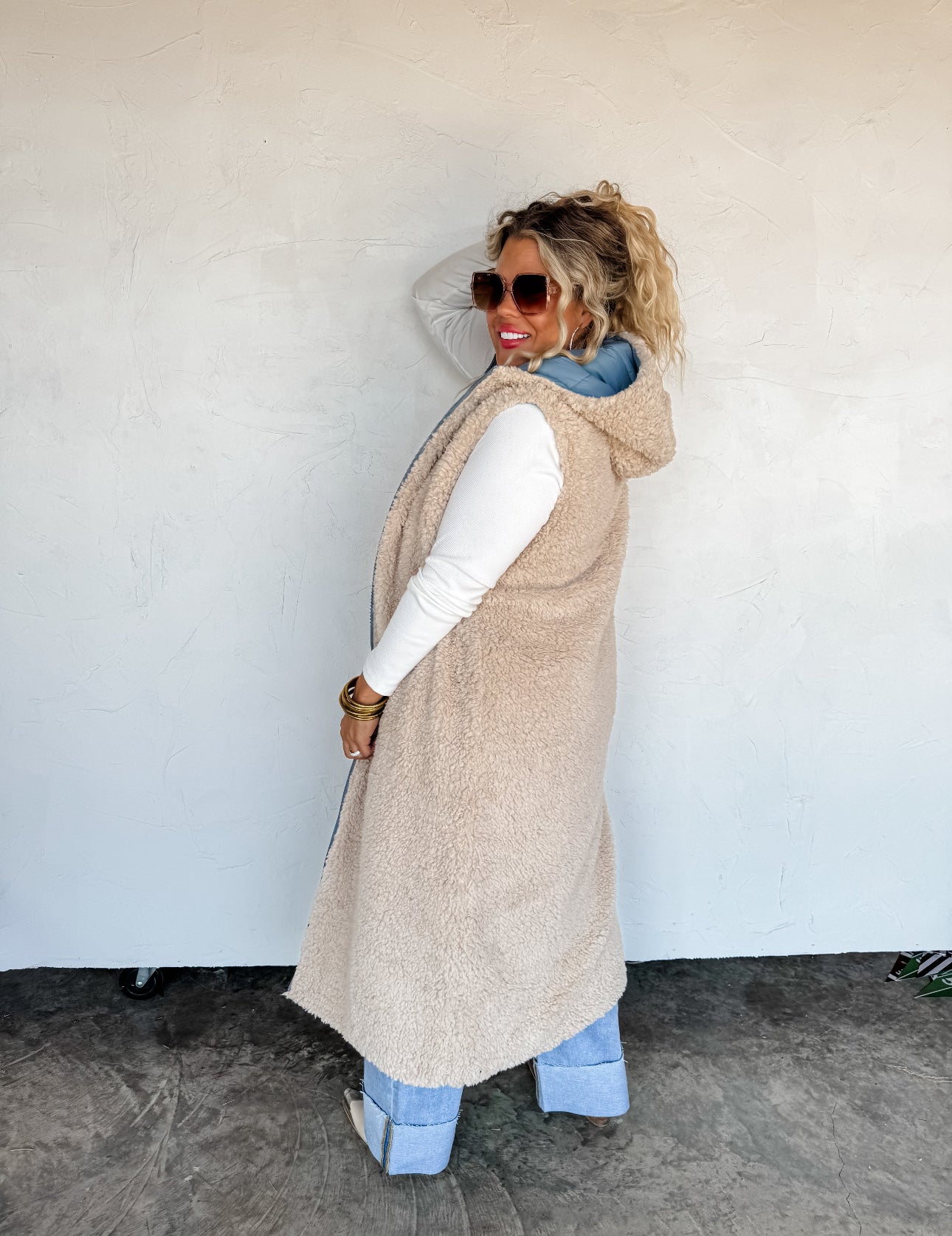 Sherpa Puffer Long Hooded Vest Coat