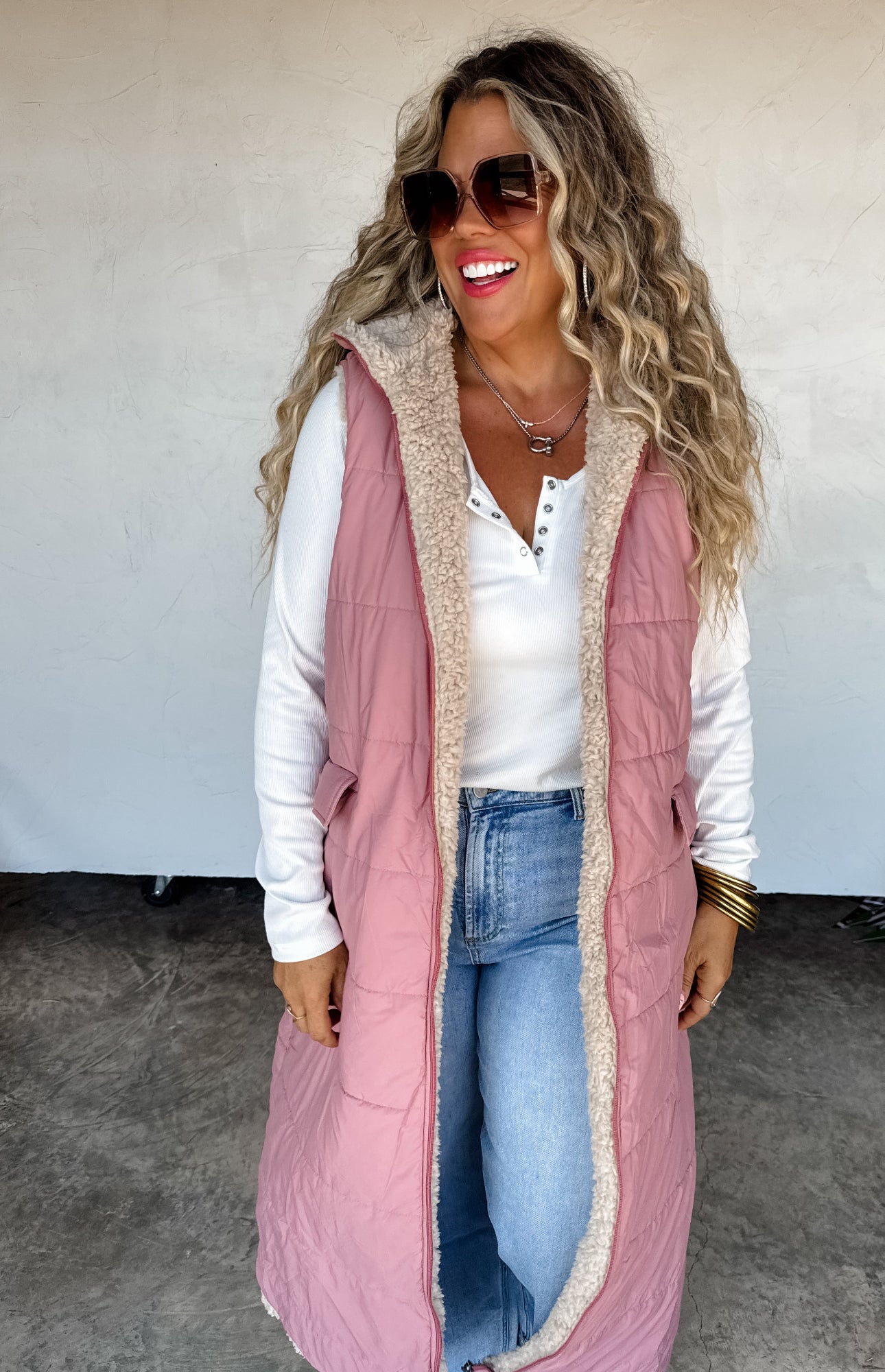 Sherpa Puffer Long Hooded Vest Coat