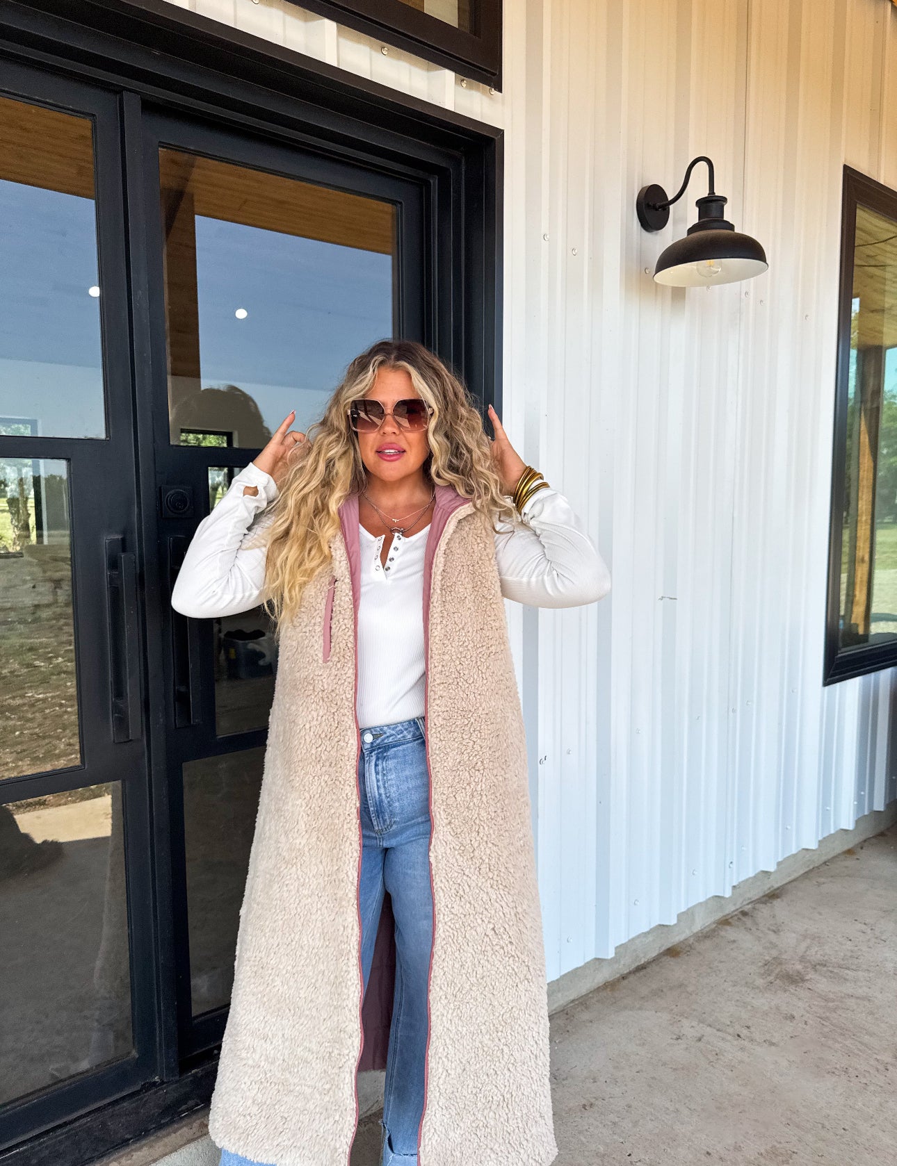 Sherpa Puffer Long Hooded Vest Coat