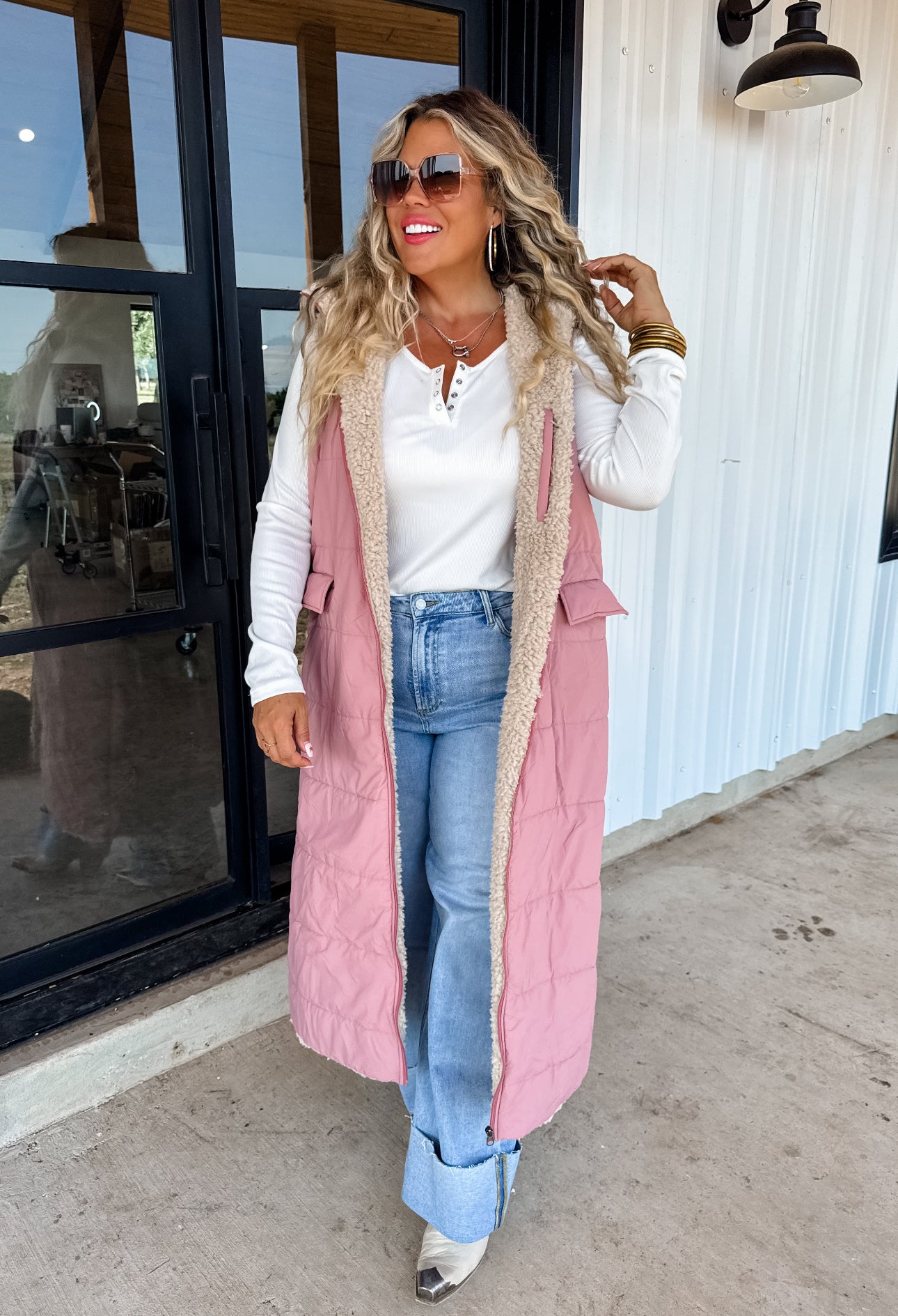 Sherpa Puffer Long Hooded Vest Coat