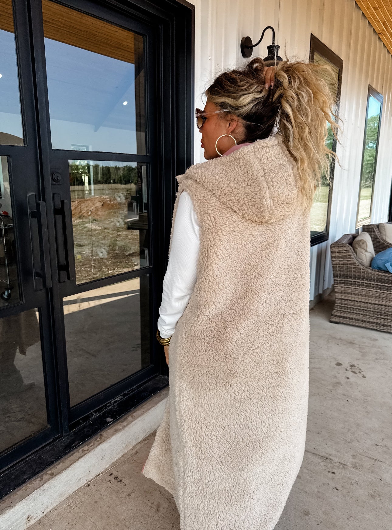 Sherpa Puffer Long Hooded Vest Coat