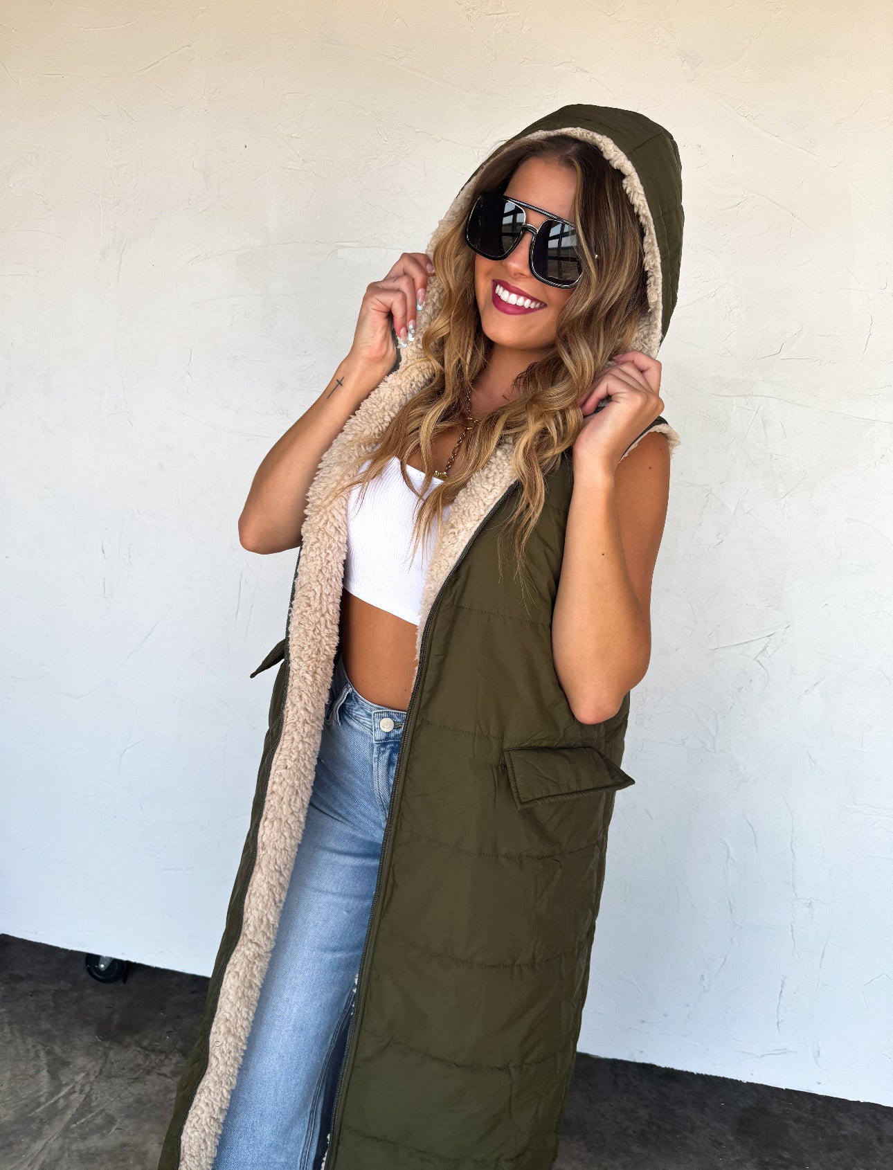 Sherpa Puffer Long Hooded Vest Coat