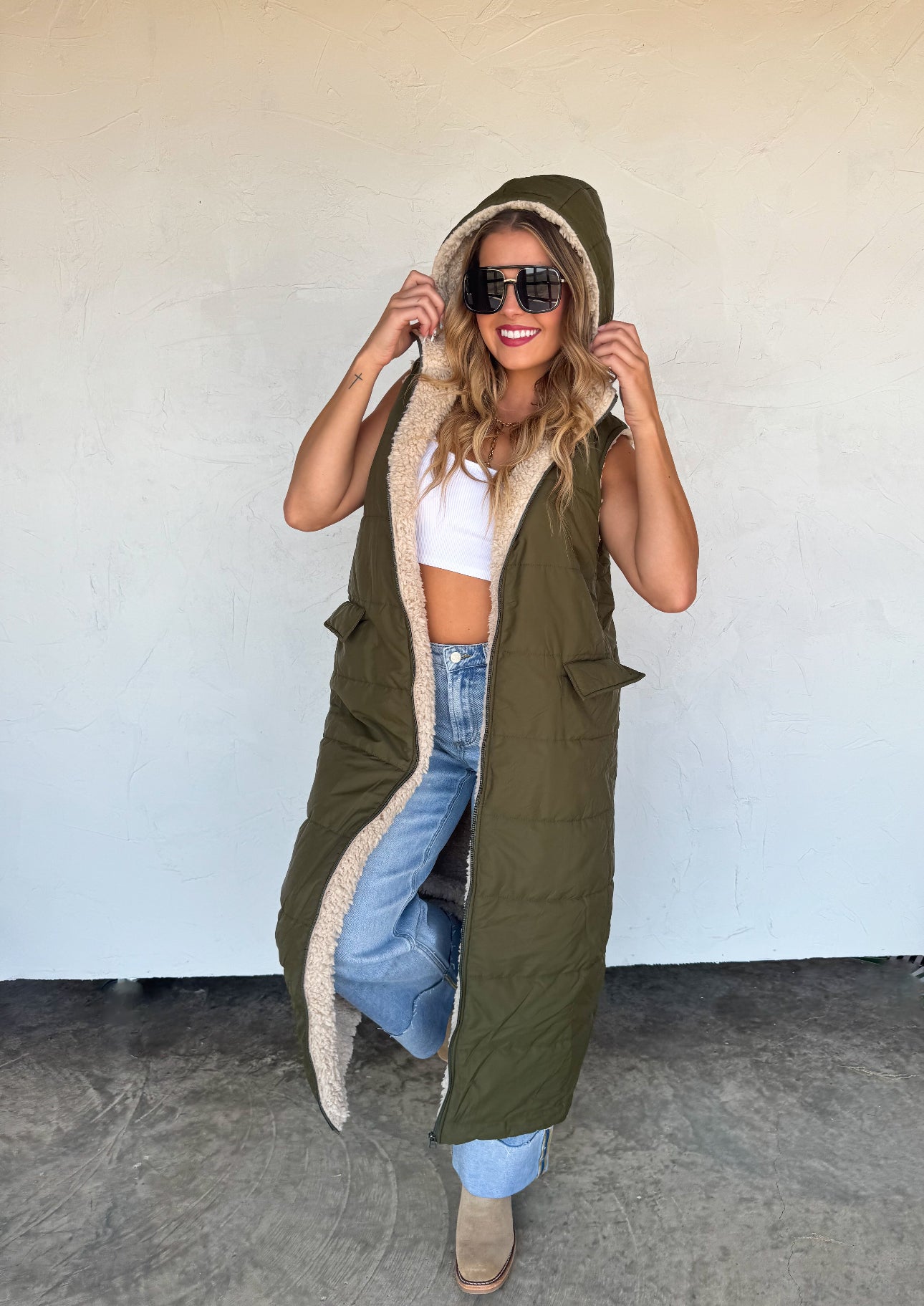 Sherpa Puffer Long Hooded Vest Coat