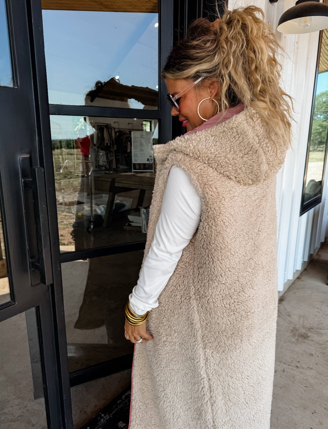 Sherpa Puffer Long Hooded Vest Coat