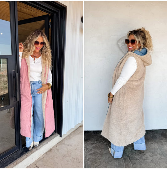 Sherpa Puffer Long Hooded Vest Coat