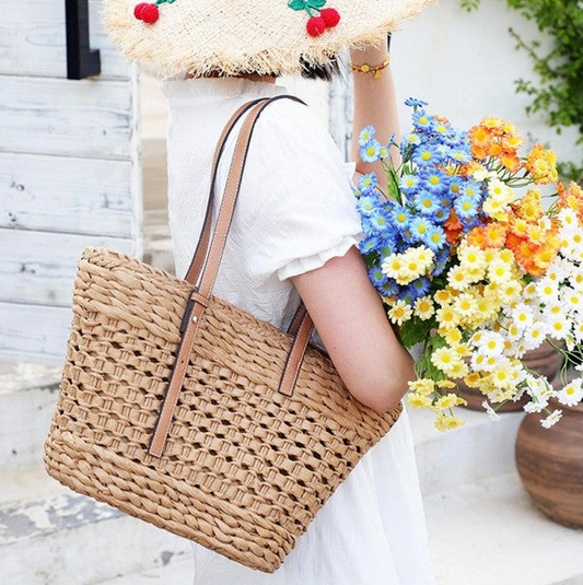 Woven Straw Cord Basket Tote Shoulder Bag