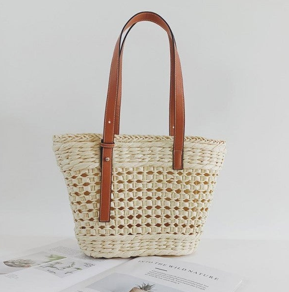Woven Straw Cord Basket Tote Shoulder Bag